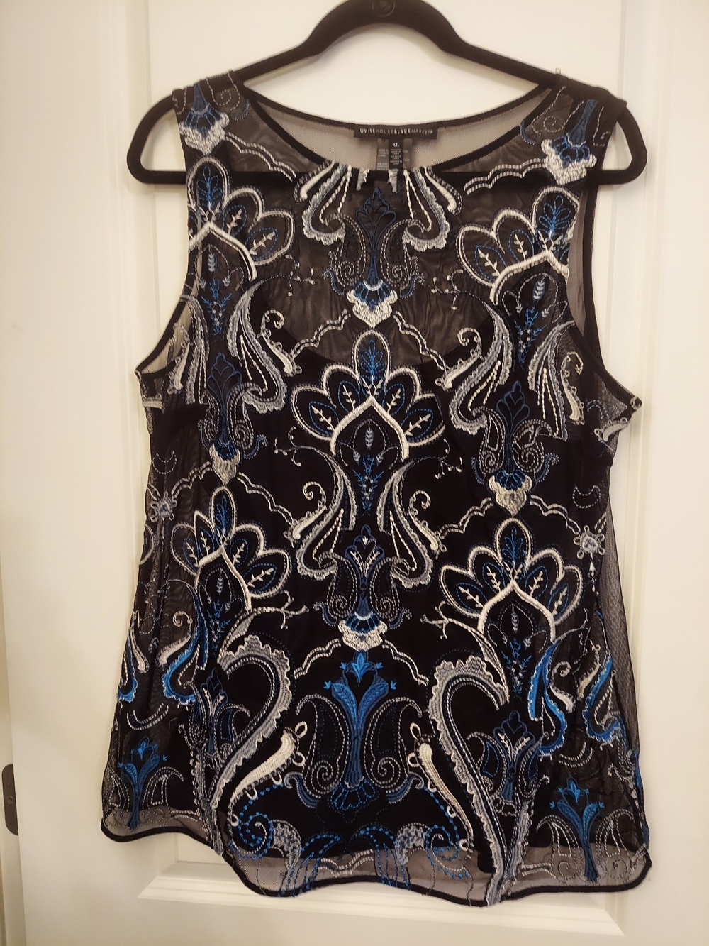 White House Black Market Black & Blue Embroidered Sleeveless Mesh Top XL.